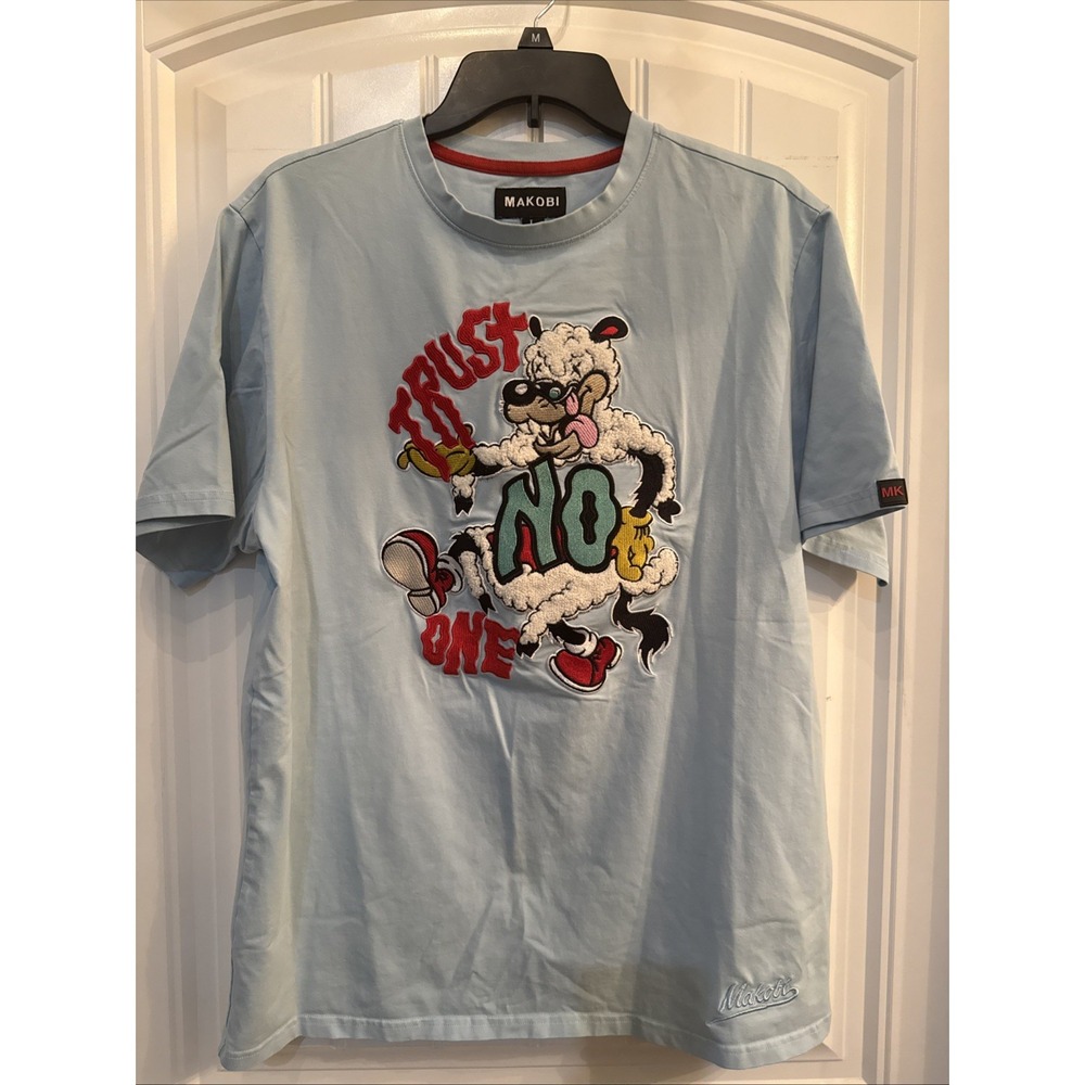Trust No One Shirt Large Makobi Embroidered Wolf Sheep Streetwear Tee Light Blue
